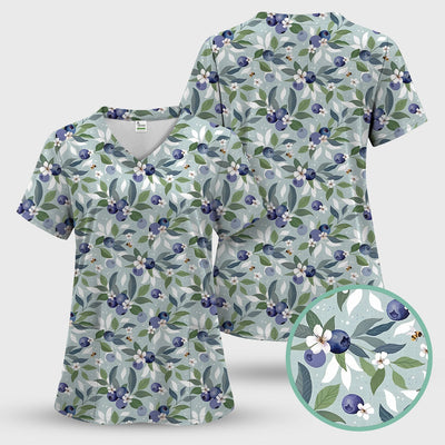 Fresh Blueberry Blossom Garden Pattern Nurse Scrub Top, Breathable Fabrics Nursing Uniform