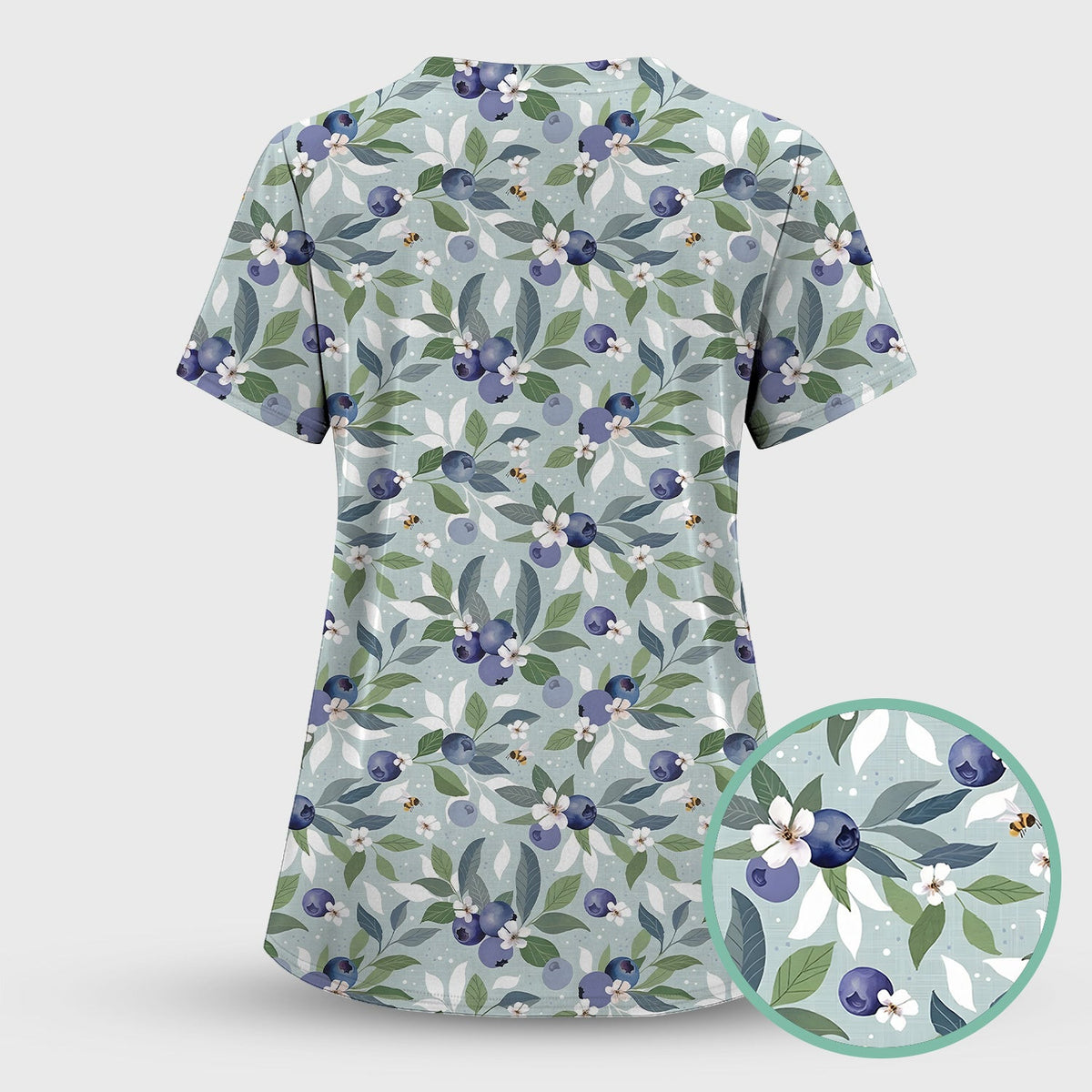 Fresh Blueberry Blossom Garden Pattern Nurse Scrub Top, Breathable Fabrics Nursing Uniform