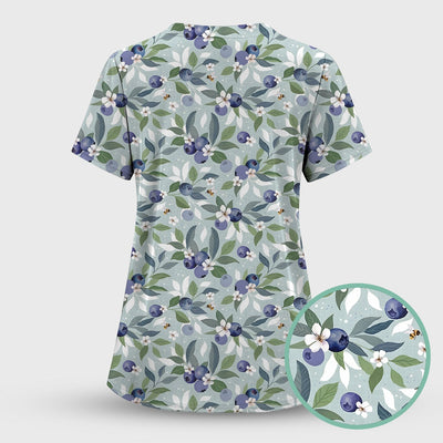 Fresh Blueberry Blossom Garden Pattern Nurse Scrub Top, Breathable Fabrics Nursing Uniform