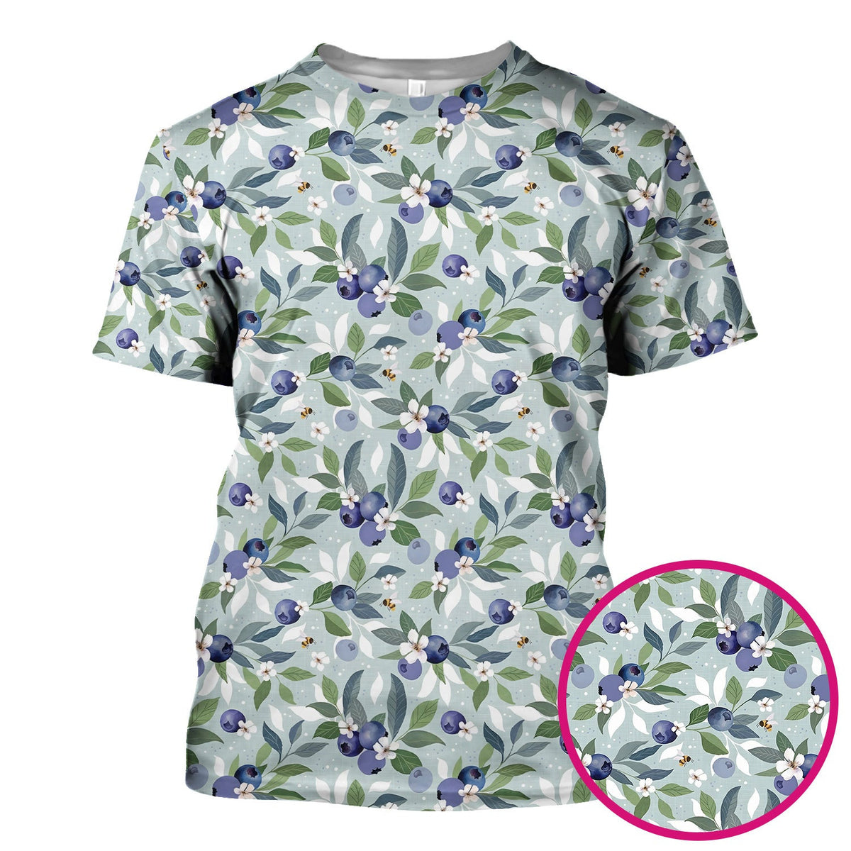 Fresh Blueberry Blossom Garden Pattern Nurse Scrub Top, Breathable Fabrics Nursing Uniform