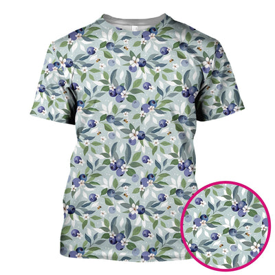 Fresh Blueberry Blossom Garden Pattern Nurse Scrub Top, Breathable Fabrics Nursing Uniform