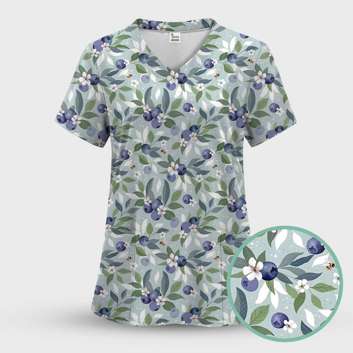 Fresh Blueberry Blossom Garden Pattern Nurse Scrub Top, Breathable Fabrics Nursing Uniform