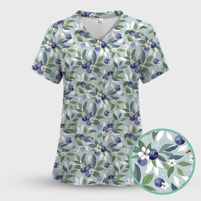 Fresh Blueberry Blossom Garden Pattern Nurse Scrub Top, Breathable Fabrics Nursing Uniform