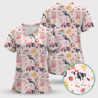 Cute Farm Animals & Strawberry Garden Pattern Scrub Top, Comfortable Scrubs for Nurses