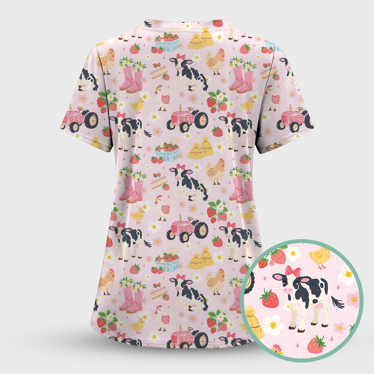 Cute Farm Animals & Strawberry Garden Pattern Scrub Top, Comfortable Scrubs for Nurses