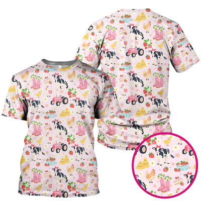 Cute Farm Animals & Strawberry Garden Pattern Scrub Top, Comfortable Scrubs for Nurses