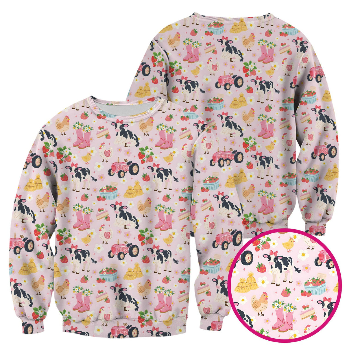 Cute Farm Animals & Strawberry Garden Pattern Scrub Top, Comfortable Scrubs for Nurses