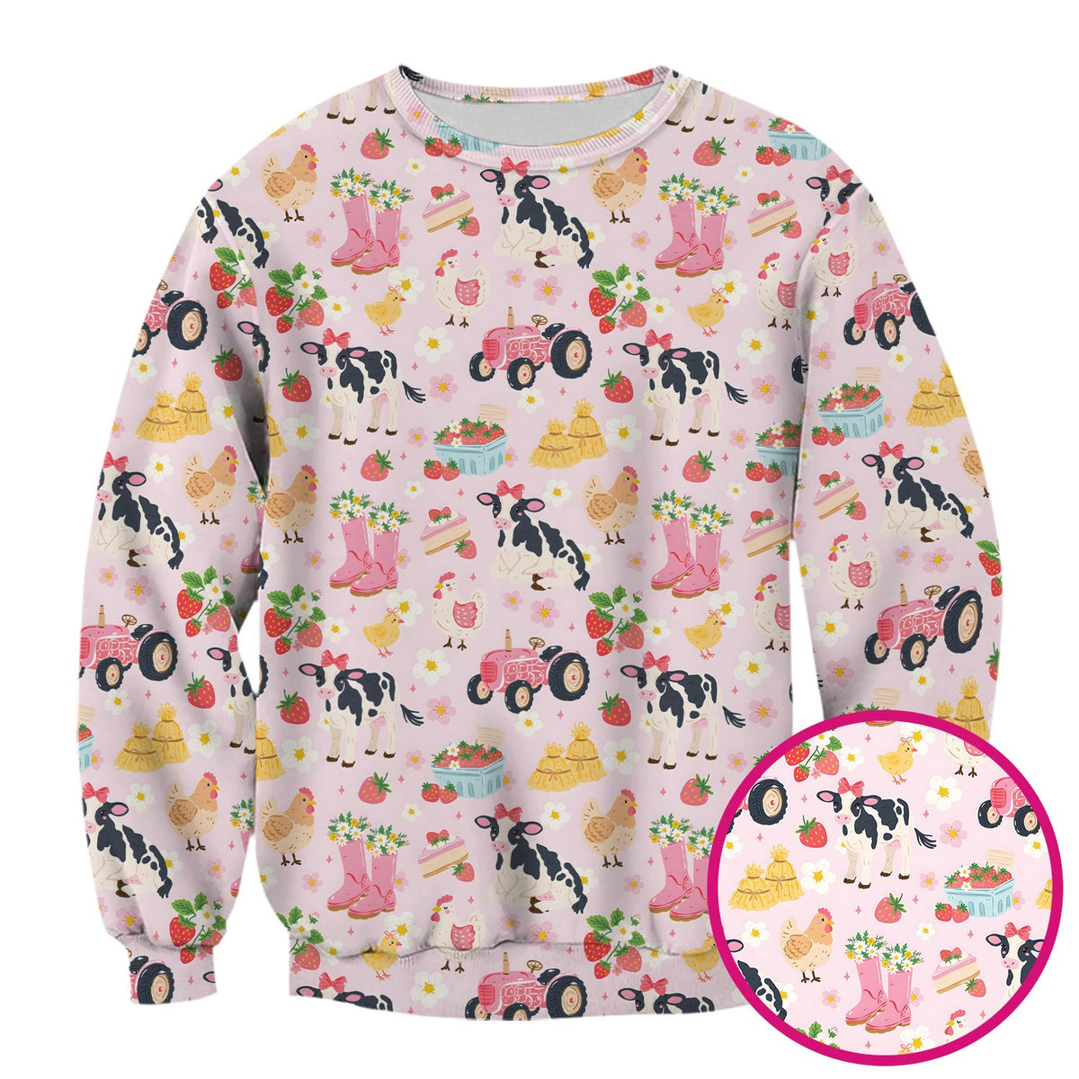 Cute Farm Animals & Strawberry Garden Pattern Scrub Top, Comfortable Scrubs for Nurses