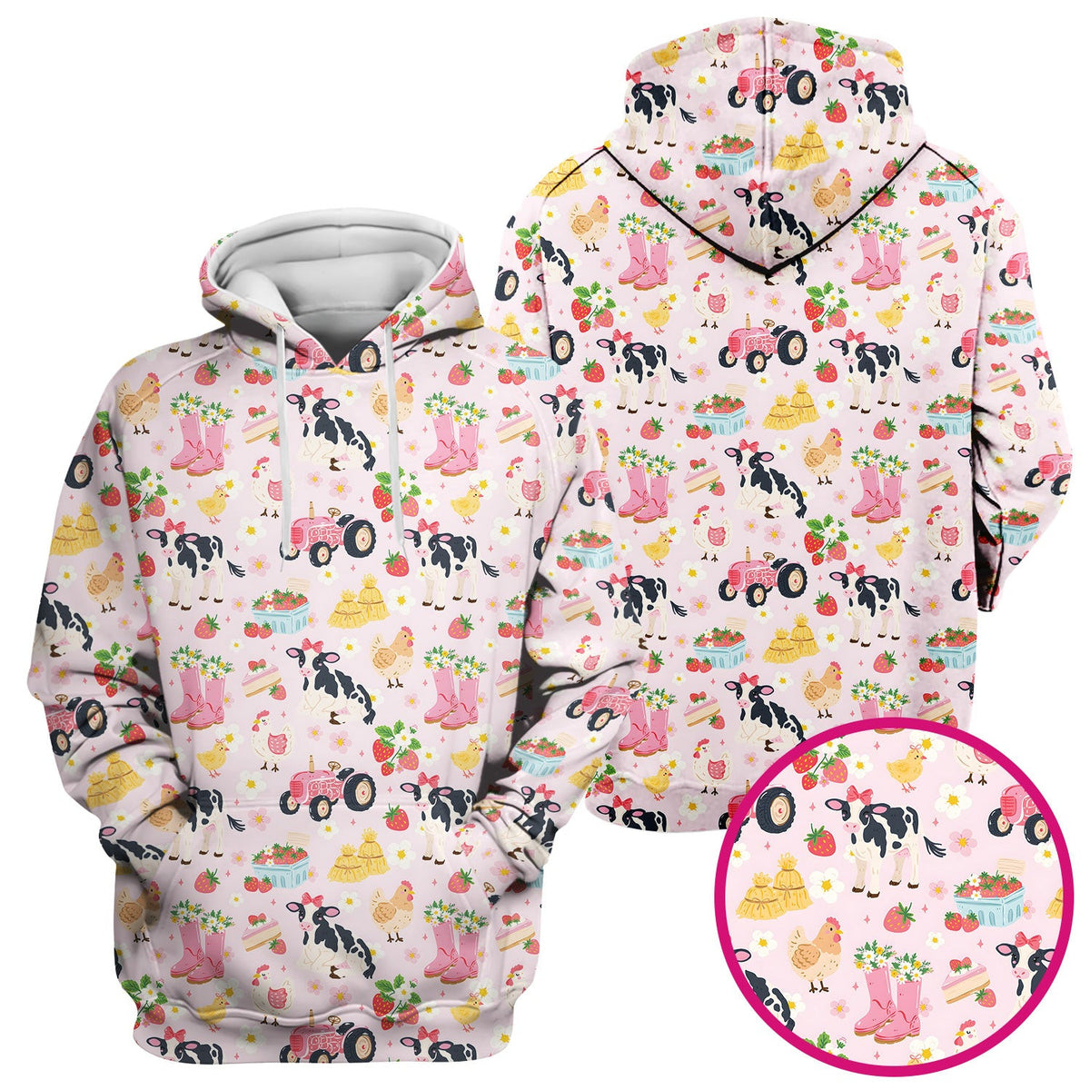 Cute Farm Animals & Strawberry Garden Pattern Scrub Top, Comfortable Scrubs for Nurses