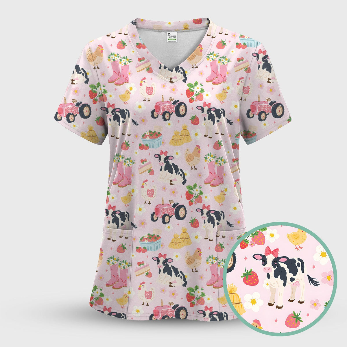 Cute Farm Animals & Strawberry Garden Pattern Scrub Top, Comfortable Scrubs for Nurses