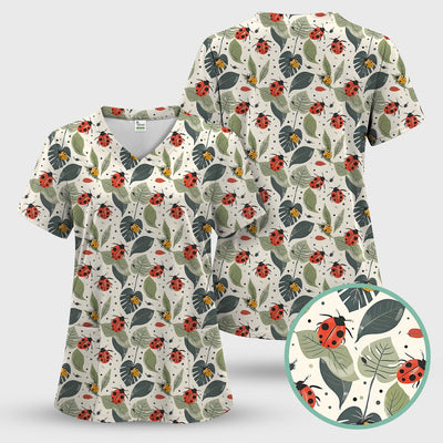 Cute Ladybug Leaf Nature Pattern Scrub Top, Comfortable Scrubs for Nurses