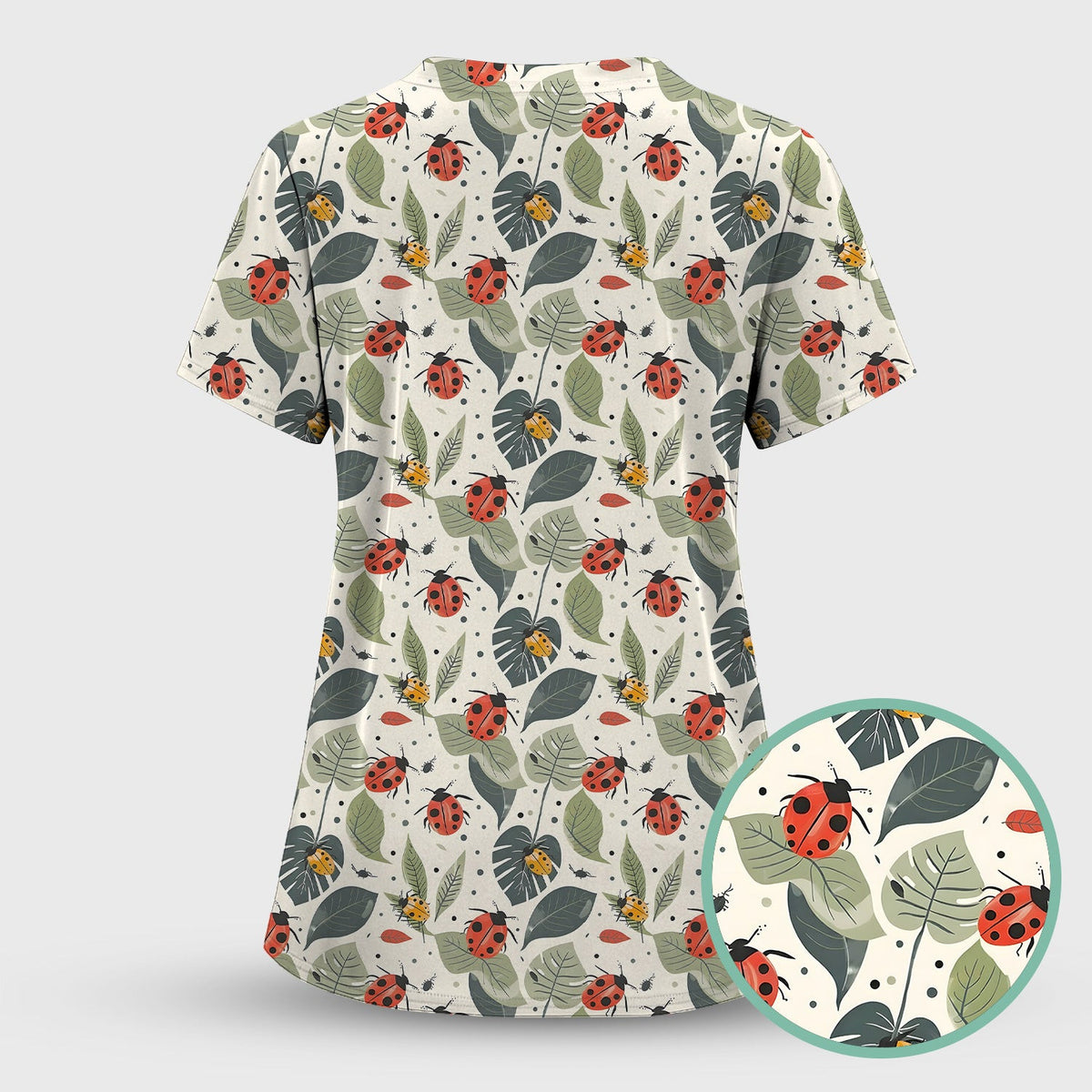Cute Ladybug Leaf Nature Pattern Scrub Top, Comfortable Scrubs for Nurses