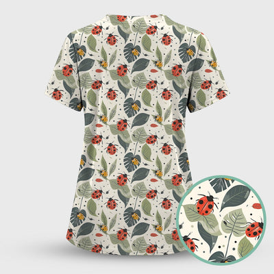 Cute Ladybug Leaf Nature Pattern Scrub Top, Comfortable Scrubs for Nurses
