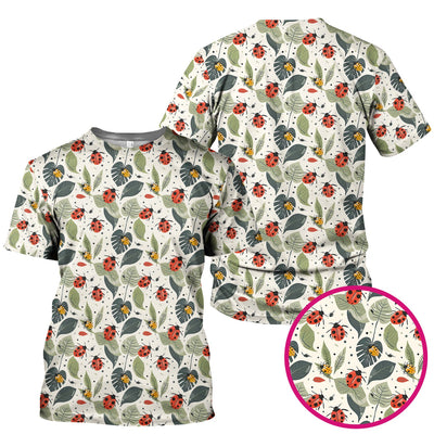 Cute Ladybug Leaf Nature Pattern Scrub Top, Comfortable Scrubs for Nurses