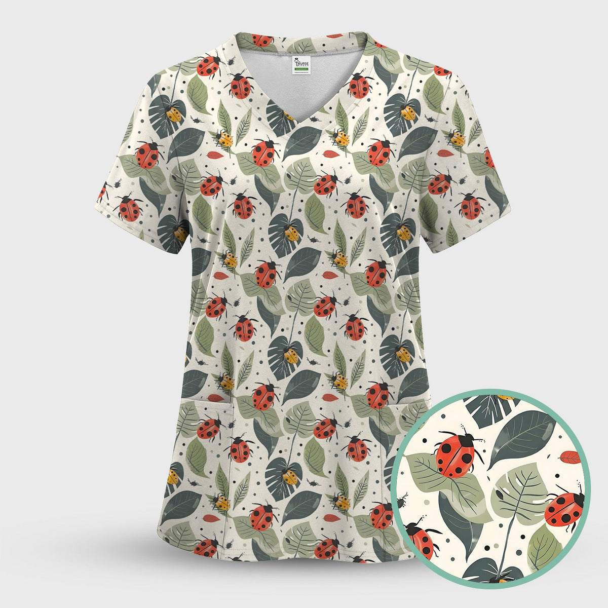 Cute Ladybug Leaf Nature Pattern Scrub Top, Comfortable Scrubs for Nurses