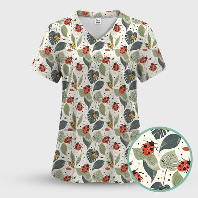 Cute Ladybug Leaf Nature Pattern Scrub Top, Comfortable Scrubs for Nurses