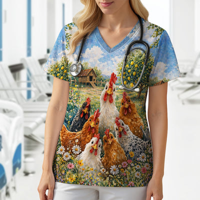 Rustic Chicken Family Farm Garden Pattern Nurse Scrub Top, Comfortable Scrubs for Nurses