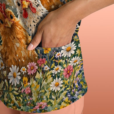 Rustic Chicken Family Farm Garden Pattern Nurse Scrub Top, Comfortable Scrubs for Nurses