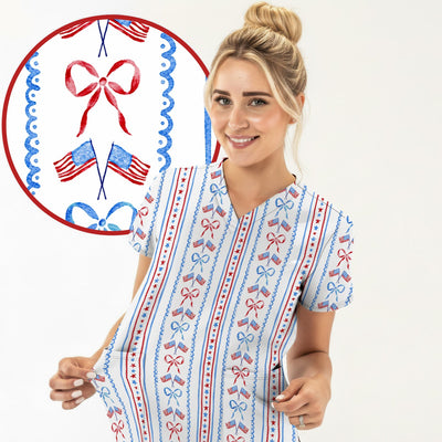 Patriotic USA Flag Bow Stripe Pattern Scrub Top, Comfortable Scrubs for Nurses