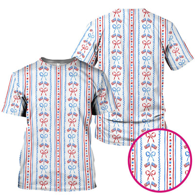 Patriotic USA Flag Bow Stripe Pattern Scrub Top, Comfortable Scrubs for Nurses