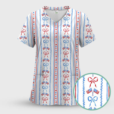 Patriotic USA Flag Bow Stripe Pattern Scrub Top, Comfortable Scrubs for Nurses