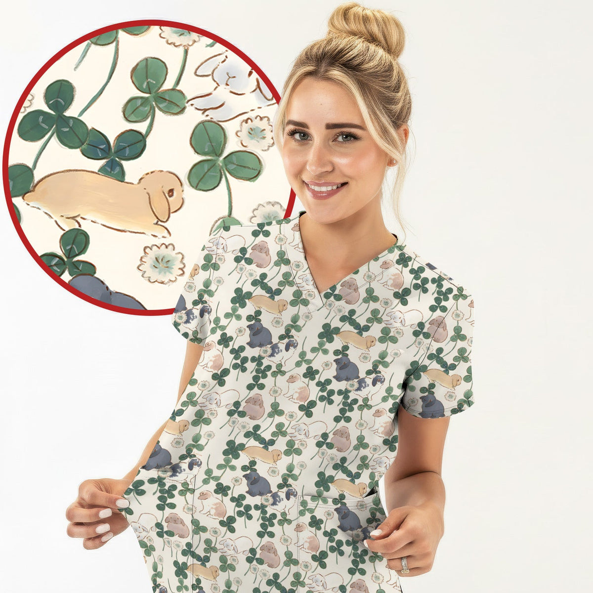 Cute Bunny Clover Garden Meadow Pattern Nurse Scrub Top, Comfortable Scrubs for Nurses