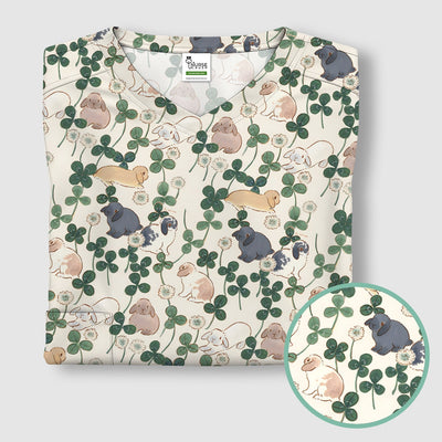 Cute Bunny Clover Garden Meadow Pattern Nurse Scrub Top, Comfortable Scrubs for Nurses