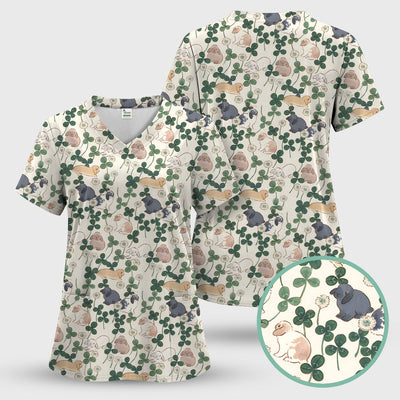 Cute Bunny Clover Garden Meadow Pattern Nurse Scrub Top, Comfortable Scrubs for Nurses