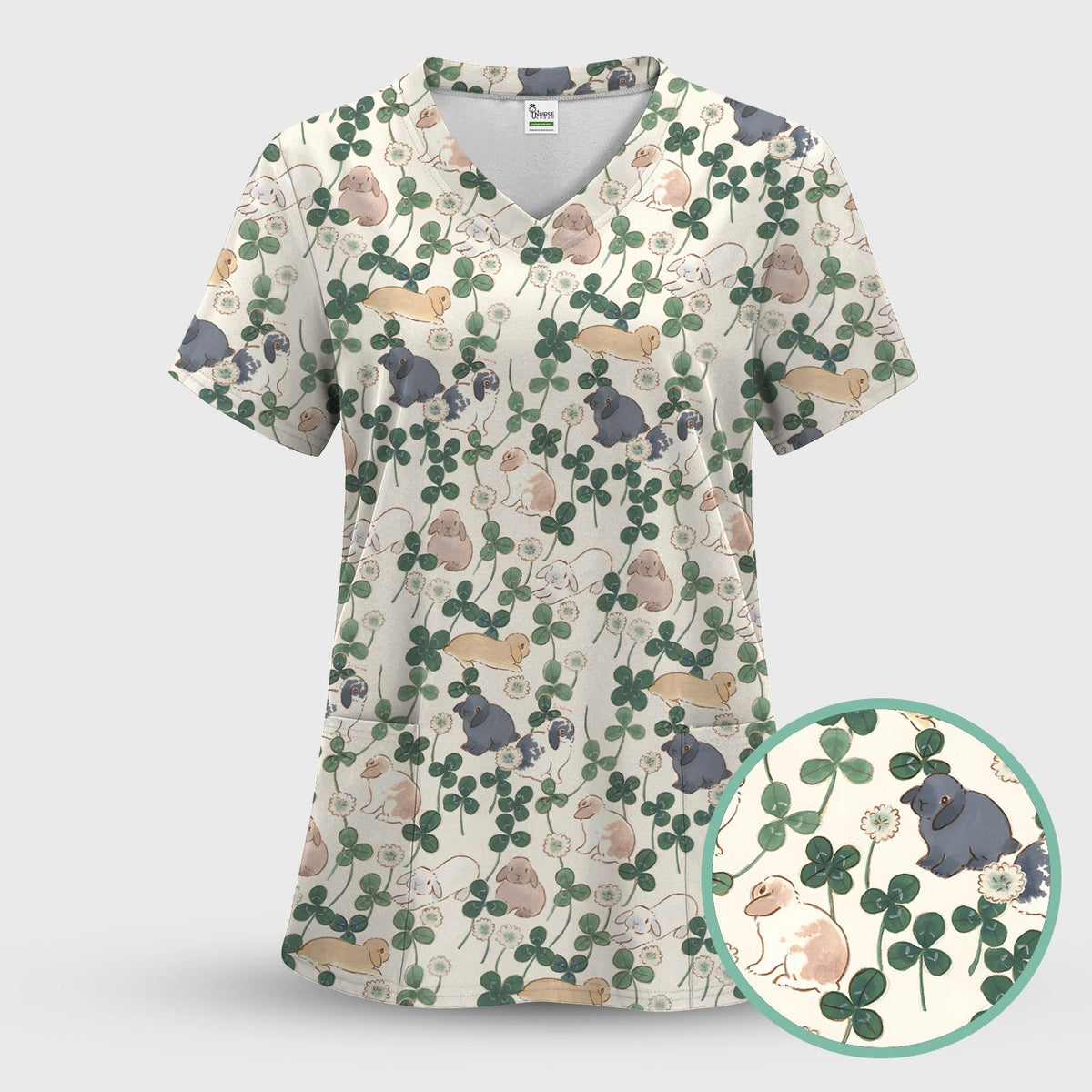 Cute Bunny Clover Garden Meadow Pattern Nurse Scrub Top, Comfortable Scrubs for Nurses