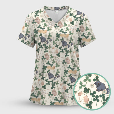 Cute Bunny Clover Garden Meadow Pattern Nurse Scrub Top, Comfortable Scrubs for Nurses