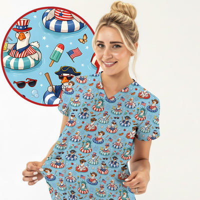 Funny Patriotic Duck Pool Party Pattern Scrub Top, Comfortable Scrubs for Nurses