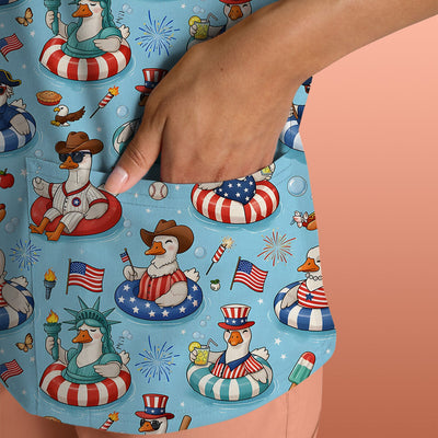Funny Patriotic Duck Pool Party Pattern Scrub Top, Comfortable Scrubs for Nurses