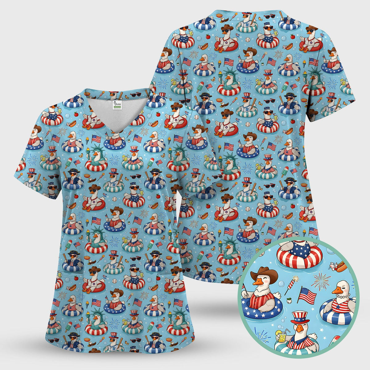 Funny Patriotic Duck Pool Party Pattern Scrub Top, Comfortable Scrubs for Nurses