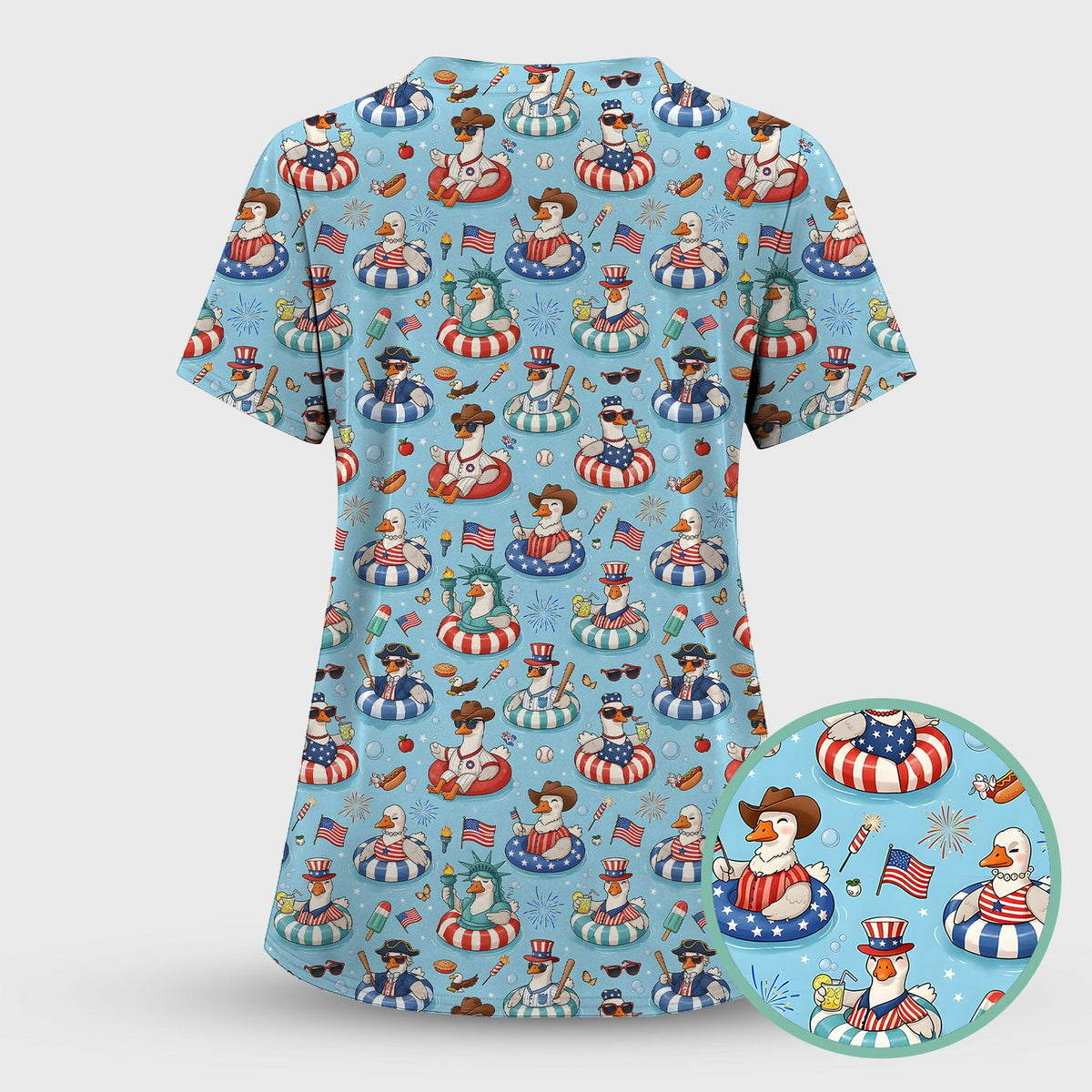 Funny Patriotic Duck Pool Party Pattern Scrub Top, Comfortable Scrubs for Nurses