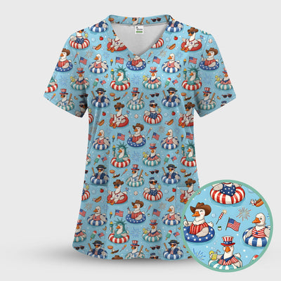 Funny Patriotic Duck Pool Party Pattern Scrub Top, Comfortable Scrubs for Nurses