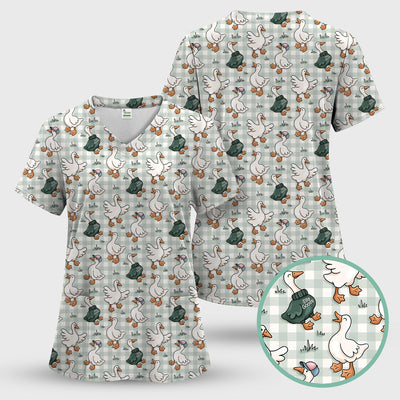 Funny Goose Wearing Sweater On Plaid Background Pattern Scrub Top, Comfortable Scrubs for Nurses