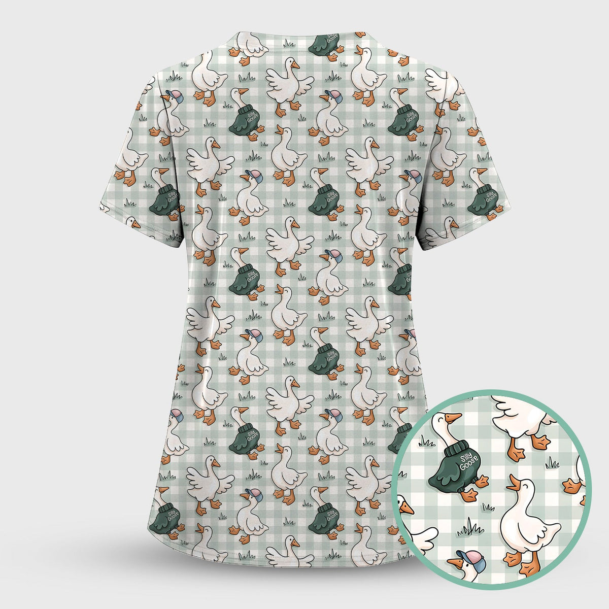 Funny Goose Wearing Sweater On Plaid Background Pattern Scrub Top, Comfortable Scrubs for Nurses