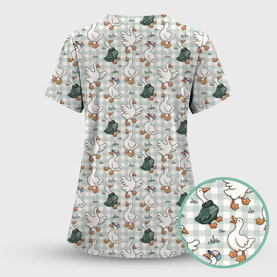 Funny Goose Wearing Sweater On Plaid Background Pattern Scrub Top, Comfortable Scrubs for Nurses
