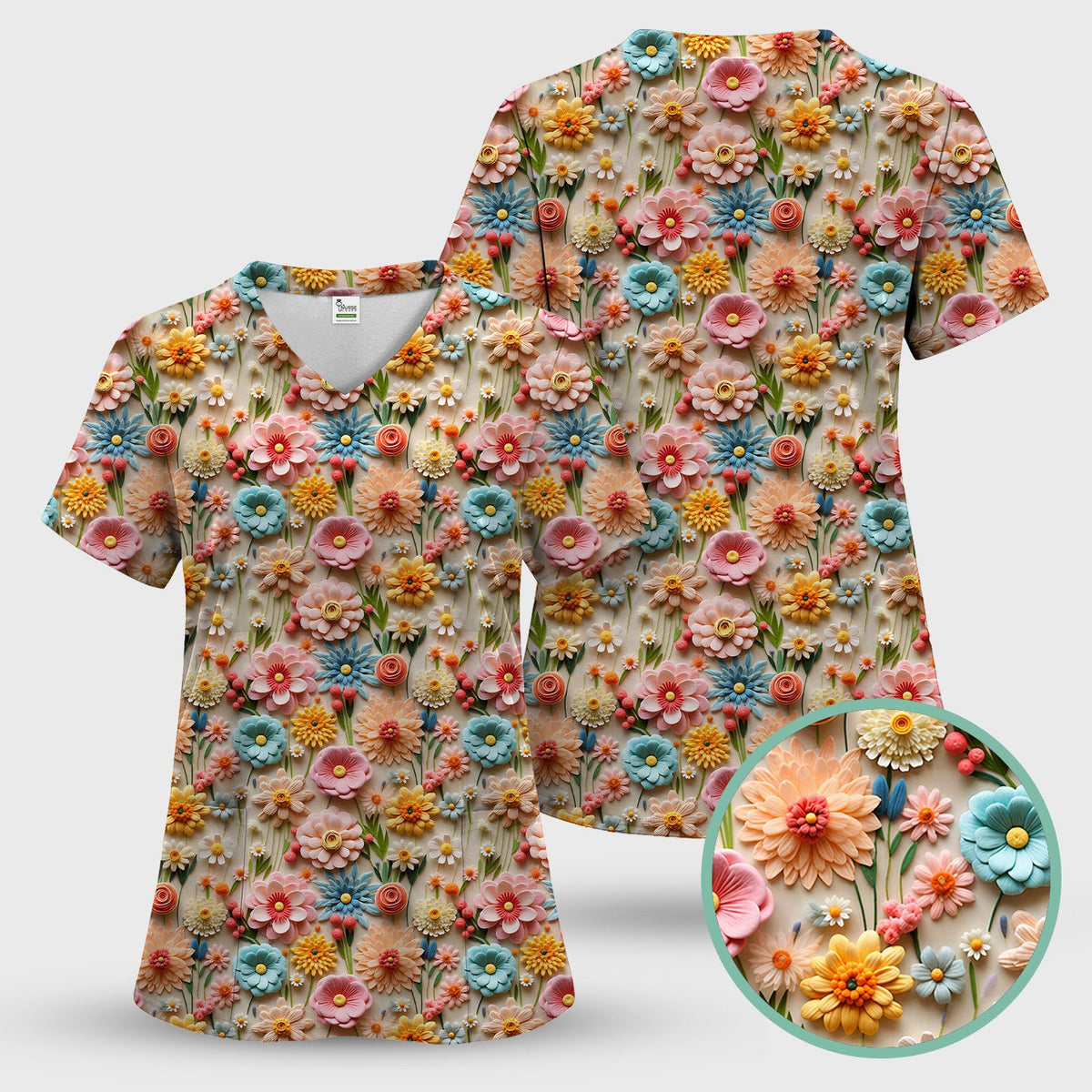 Colorful Blooming Wildflower Pattern Scrub Top, Comfortable Scrubs for Nurses
