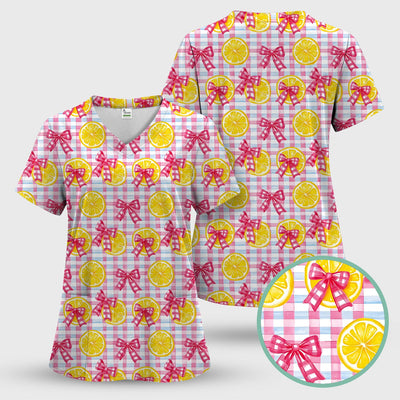 Cute Lemon Slice Pink Bow Gingham Pattern Scrub Top, Comfortable Scrubs for Nurses