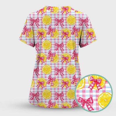 Cute Lemon Slice Pink Bow Gingham Pattern Scrub Top, Comfortable Scrubs for Nurses