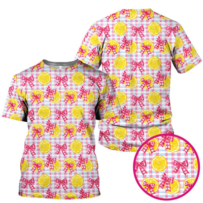 Cute Lemon Slice Pink Bow Gingham Pattern Scrub Top, Comfortable Scrubs for Nurses