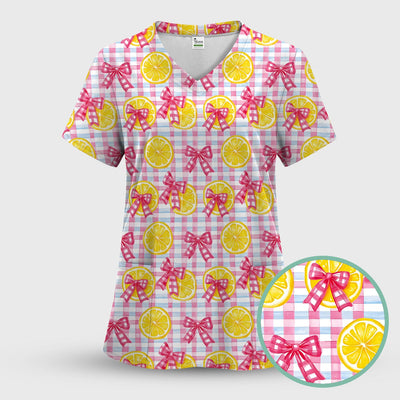 Cute Lemon Slice Pink Bow Gingham Pattern Scrub Top, Comfortable Scrubs for Nurses