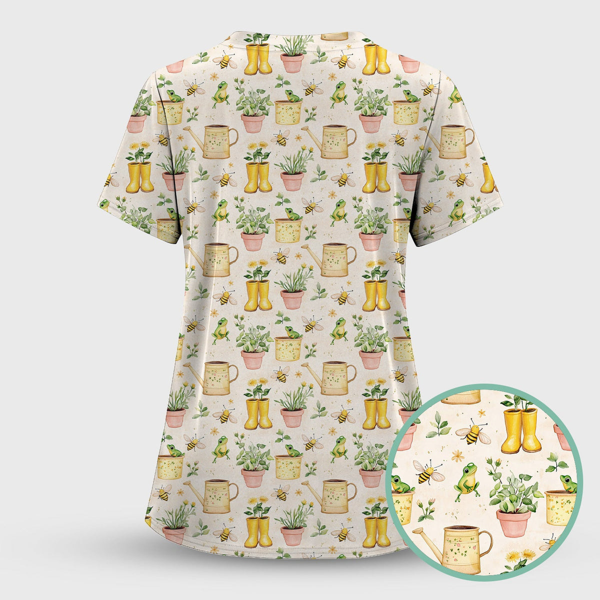 Cute Nurse Frog And Bee Garden Pattern Scrub Top, Breathable Fabrics Nursing Uniform