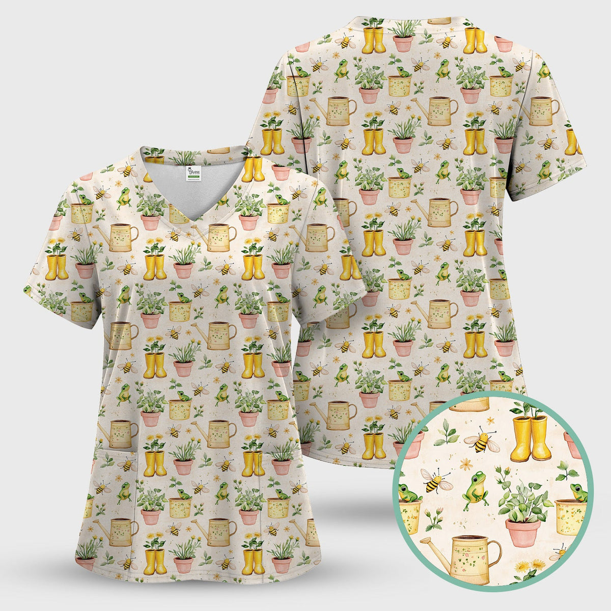 Cute Nurse Frog And Bee Garden Pattern Scrub Top, Breathable Fabrics Nursing Uniform