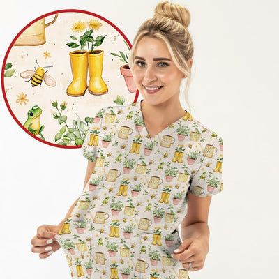 Cute Nurse Frog And Bee Garden Pattern Scrub Top, Breathable Fabrics Nursing Uniform