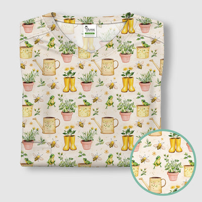 Cute Nurse Frog And Bee Garden Pattern Scrub Top, Breathable Fabrics Nursing Uniform