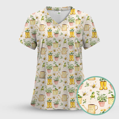 Cute Nurse Frog And Bee Garden Pattern Scrub Top, Breathable Fabrics Nursing Uniform