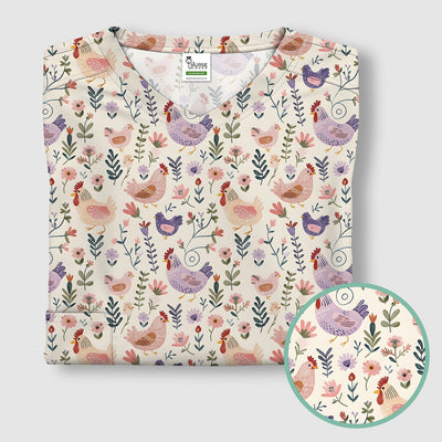 Cute Farm Chicken Floral Garden Pattern Scrub Top, Comfortable Scrubs for Nurses