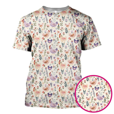 Cute Farm Chicken Floral Garden Pattern Scrub Top, Comfortable Scrubs for Nurses